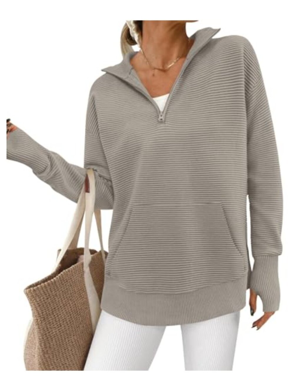 Ribbed Knit V Neck Quarter Zip Pullover Sweater with Thumb Hole and Pocket